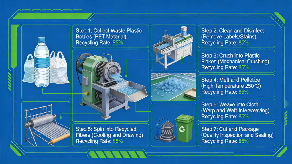 East-shine eco-friendly recycled microfiber glasses cloth production process flowchart from PET bottle to finished cloth