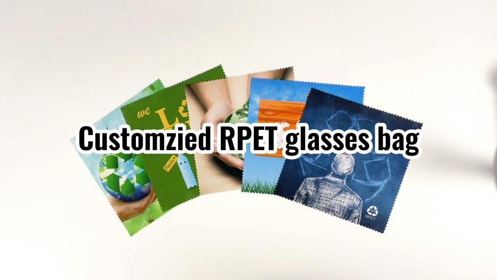 Customized recycled microfiber glasses cloth collection, showcasing various eco-friendly RPET designs for wholesale and brand promotion
