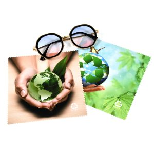 Sustainable recycled microfiber glasses cloth with earth design, paired with eyeglasses, ideal for eco-conscious eyewear care