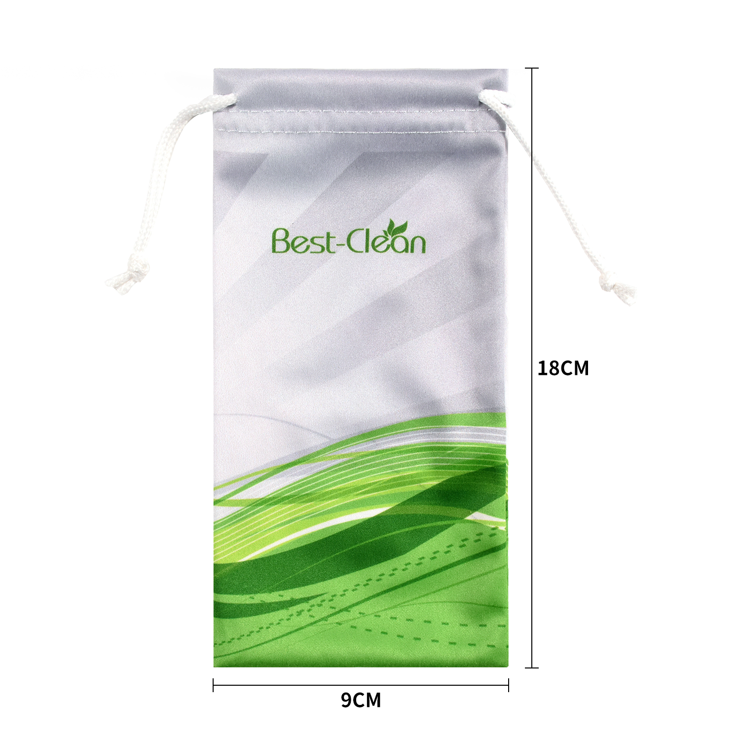 green-gradient-custom-logo-rpet-glasses-pouch-size-chart Green gradient RPET glasses pouch with custom logo, showing dimensions 9cm x 18cm, sustainable eyewear bag for wholesale