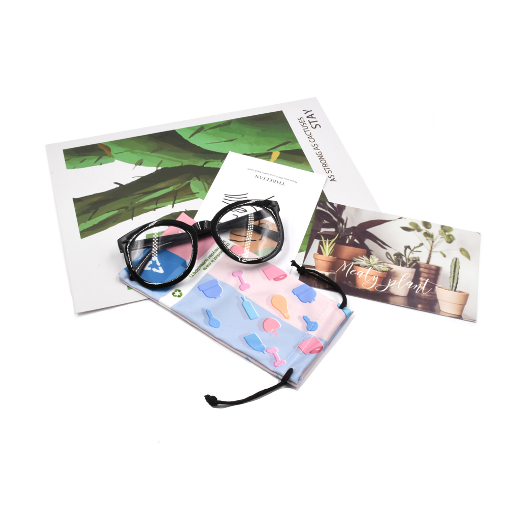 Pastel geometric printed RPET recycled microfiber glasses pouch with eyeglasses, eco-friendly eyewear storage bag