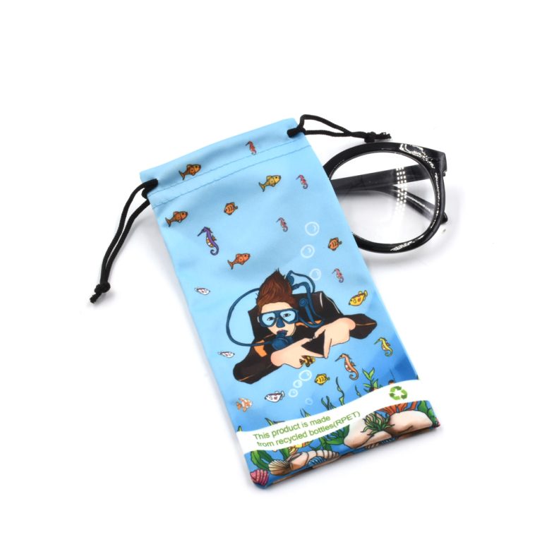Underwater diver themed RPET recycled microfiber glasses pouch with eyeglasses, eco-friendly lens protection bag with drawstring