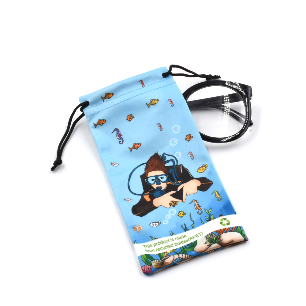 Underwater diver themed RPET recycled microfiber glasses pouch with eyeglasses, eco-friendly lens protection bag with drawstring