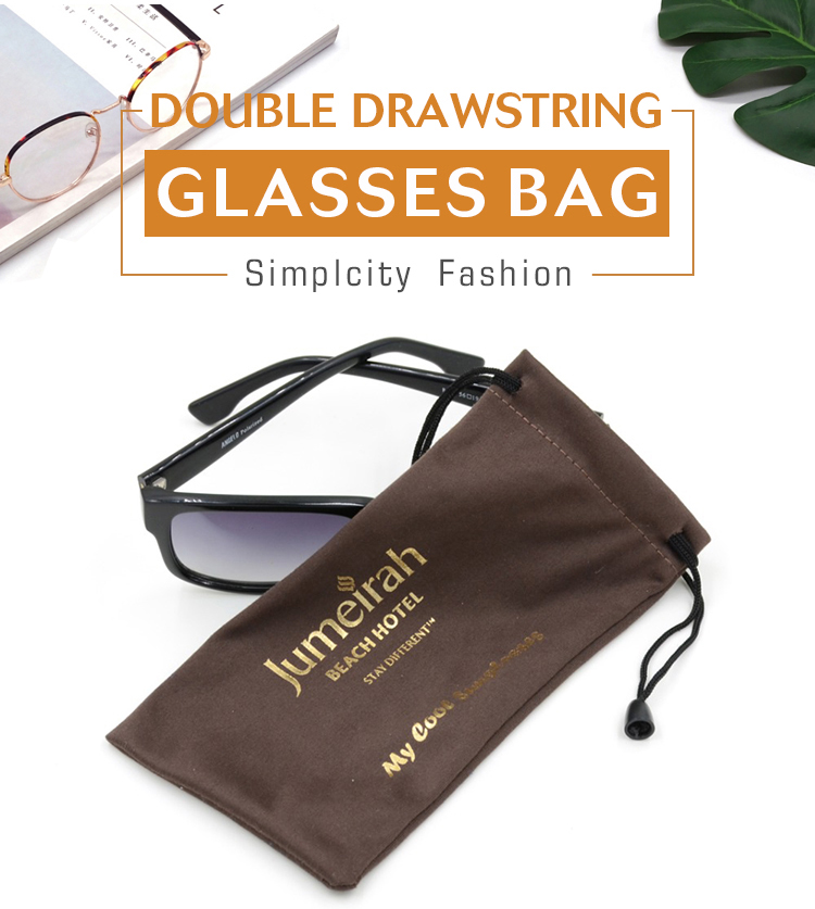 Promotion Microfiber Fabric Gold Stamping Drawstring Glasses Pouch Bag with Gold Logo