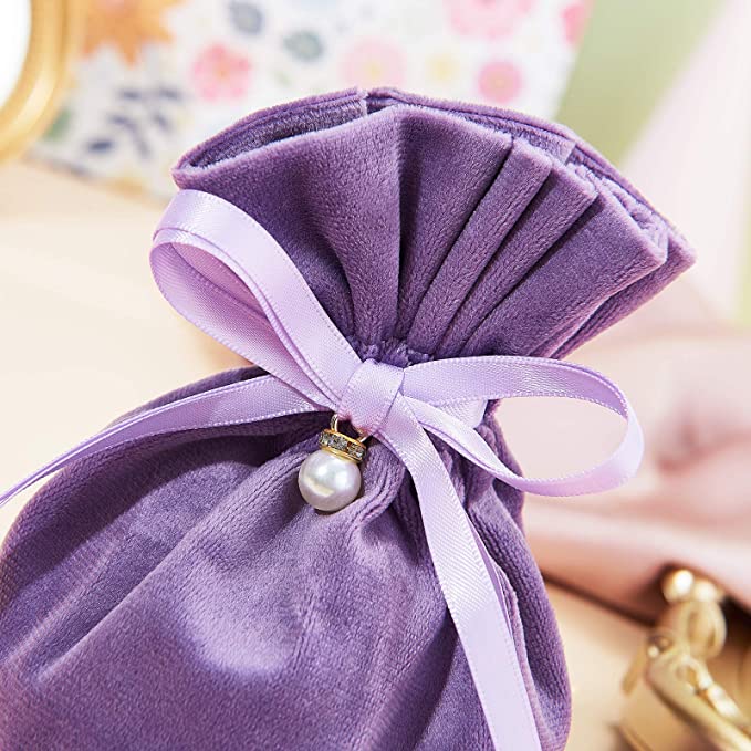 Luxury Drawstring Velvet Cloth Gift Pouch purple Jewelry Bag with Faux Pearl Charm for Wedding Favors Christmas