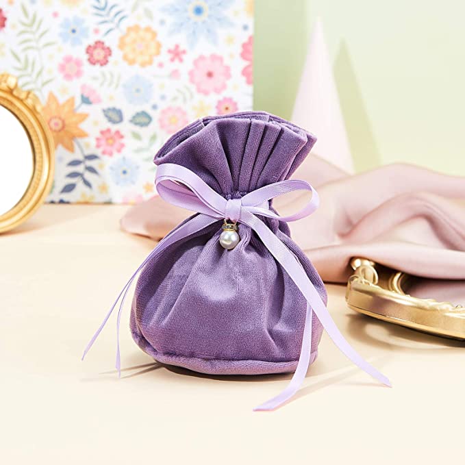 Luxury Drawstring Velvet Cloth Gift Pouch purple Jewelry Bag with Faux Pearl Charm for Wedding Favors Christmas